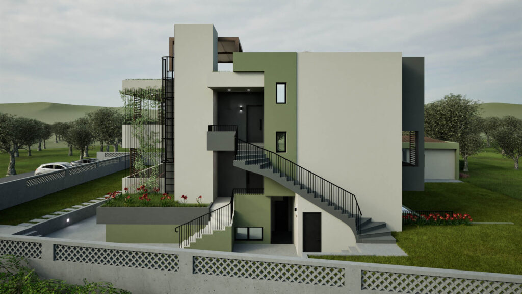 Εξωτερικό φωτορεαλιστικό. Διαμόρφωση ενοικιαζόμενων καταλυμάτων με επανασχεδιασμό υφιστάμενου κτιρίου και ανασχεδιασμό των όψεων και του περιβάλλοντα χώρου.