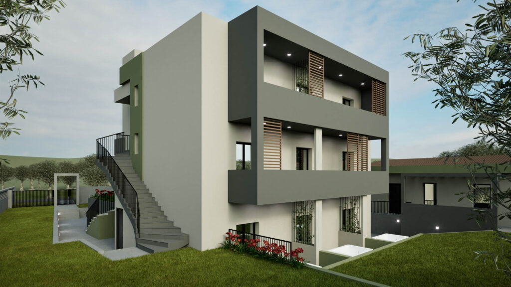 Εξωτερικό φωτορεαλιστικό. Διαμόρφωση ενοικιαζόμενων καταλυμάτων με επανασχεδιασμό υφιστάμενου κτιρίου και ανασχεδιασμό των όψεων και του περιβάλλοντα χώρου.