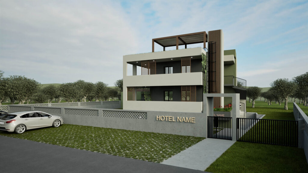 Εξωτερικό φωτορεαλιστικό. Διαμόρφωση ενοικιαζόμενων καταλυμάτων με επανασχεδιασμό υφιστάμενου κτιρίου και ανασχεδιασμό των όψεων και του περιβάλλοντα χώρου.